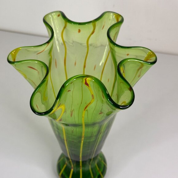 Eastern Hand-Blown Green Glass Vase With Yellow & Red Swirl Design 10.5" - Picture 2 of 12